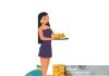 Rich Woman Cartoon Female Holding Tray With Gold Bars Girl Bringing Prize To Lottery Winner